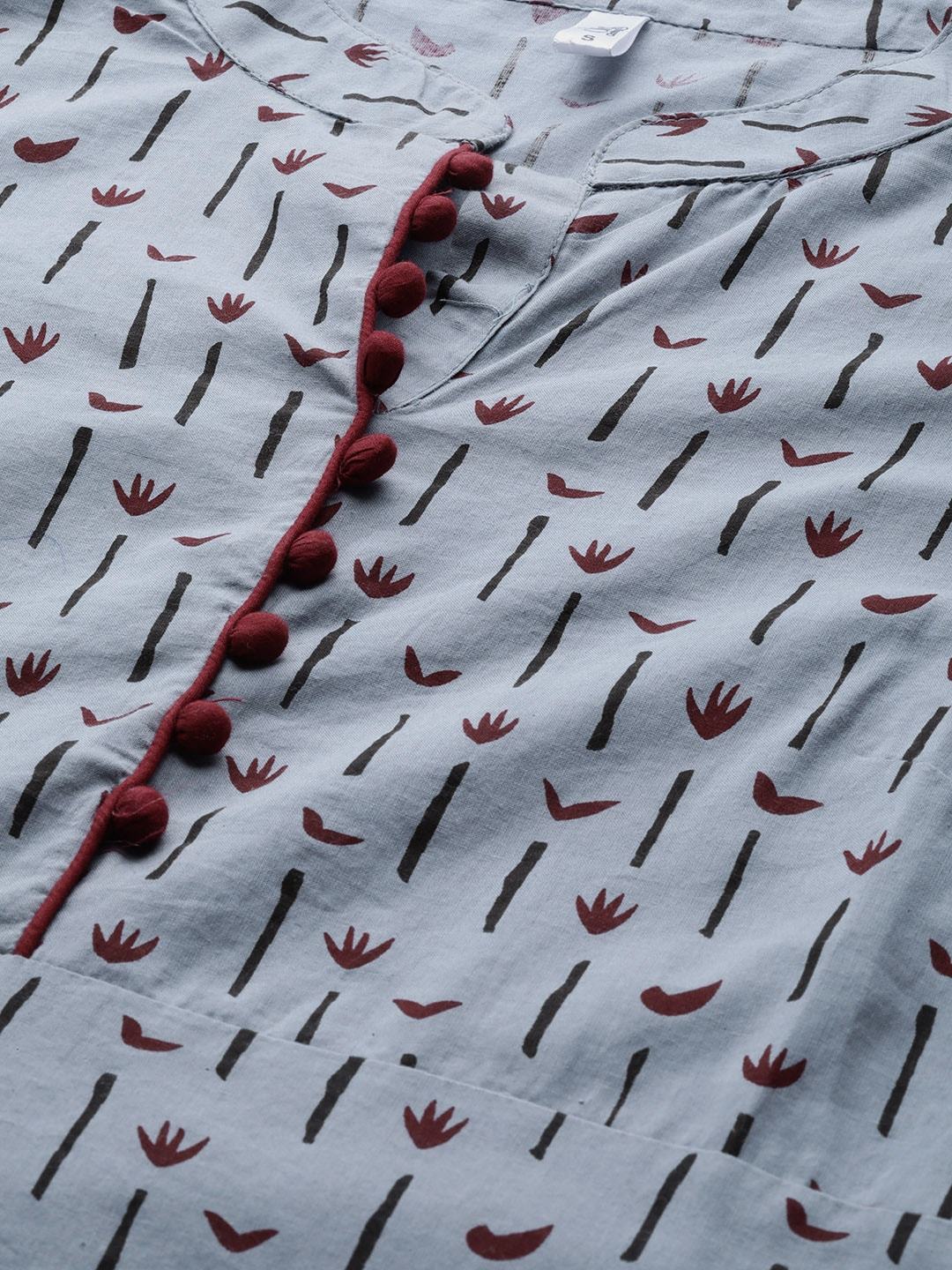 Women's  Grey & Maroon Printed Straight Kurta