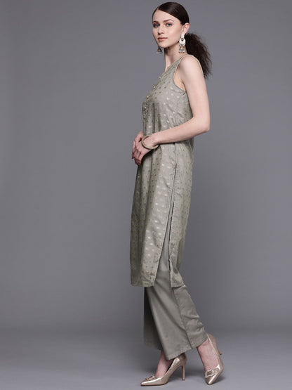 Women's  Grey & Golden Woven Design Kurta with Palazzos