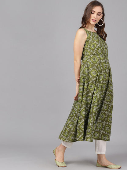 Women's  Olive Green & White Printed Anarkali Kurta