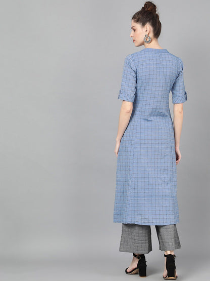 Women's  Blue Woven Design A-Line Kurta