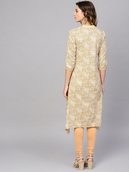 Women's  Off-White & Beige Printed A-Line Angrakha Kurta