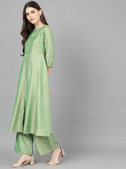 Women's  Green Woven Design A-Line Kurta