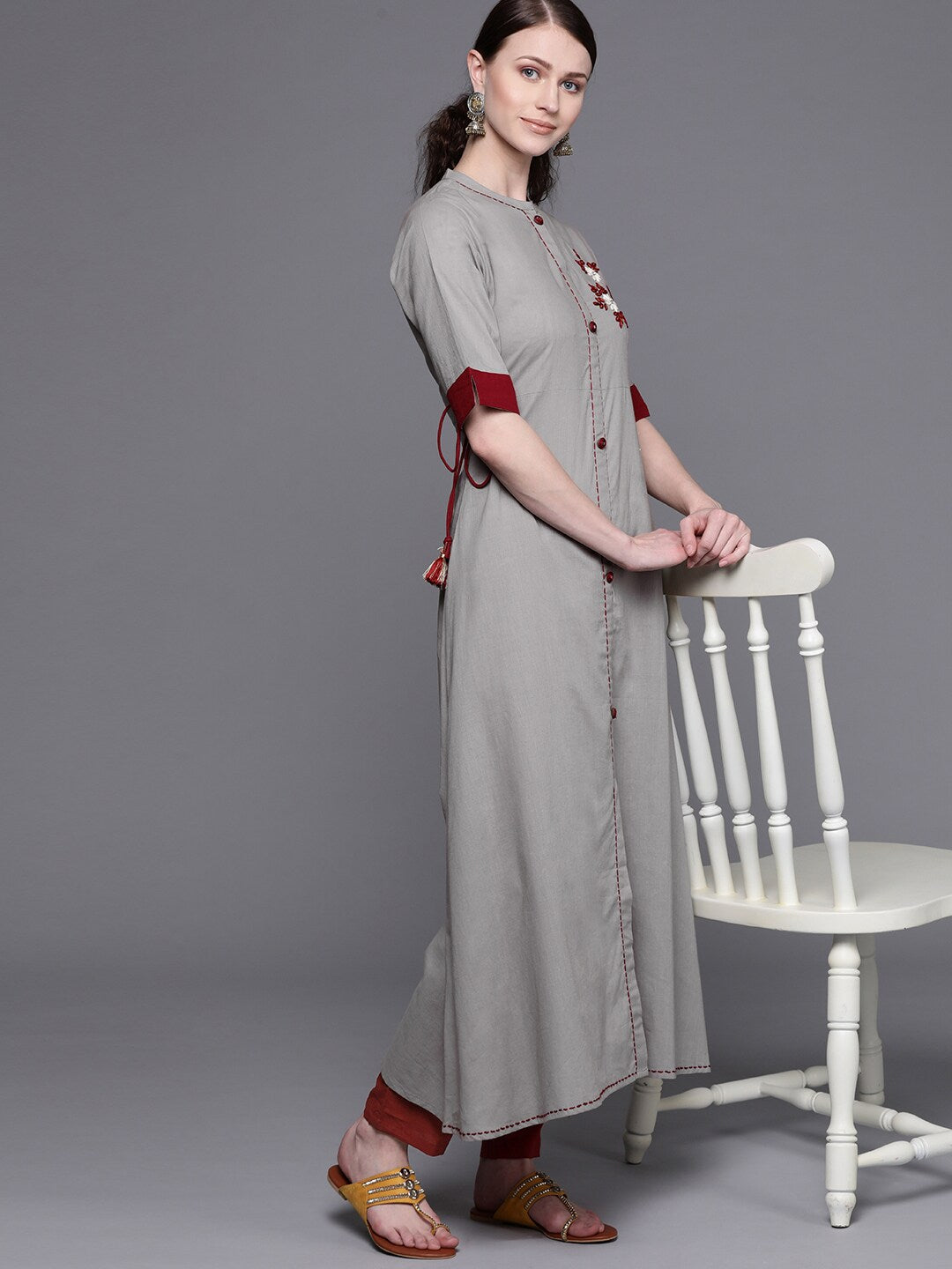 Women's Grey embroidered A-line kurta