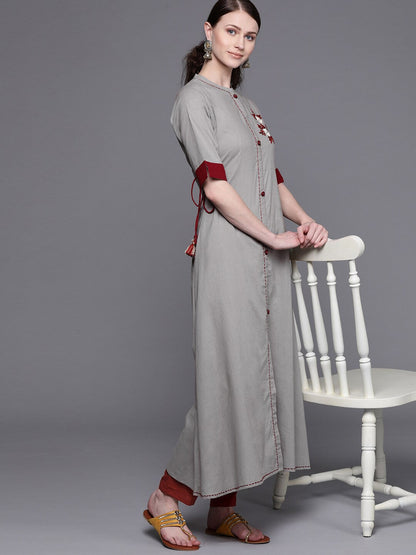 Women's Grey embroidered A-line kurta