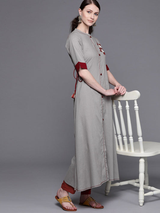 Women's Grey embroidered A-line kurta