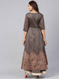 Women's Grey Chanderi Printed Kurta With Solid Skirt