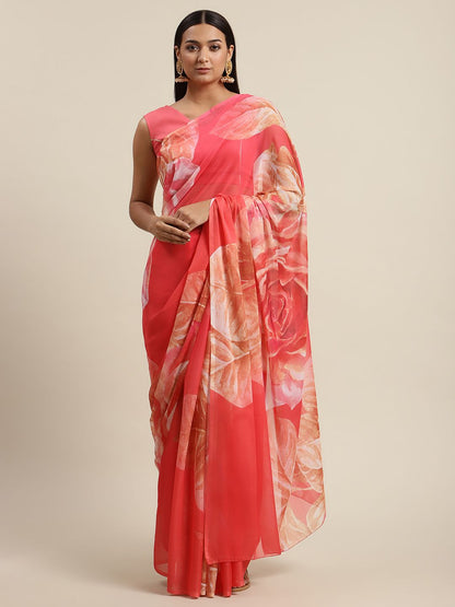 Women's Pink Colour Chiffon Digital Print Floral Saree