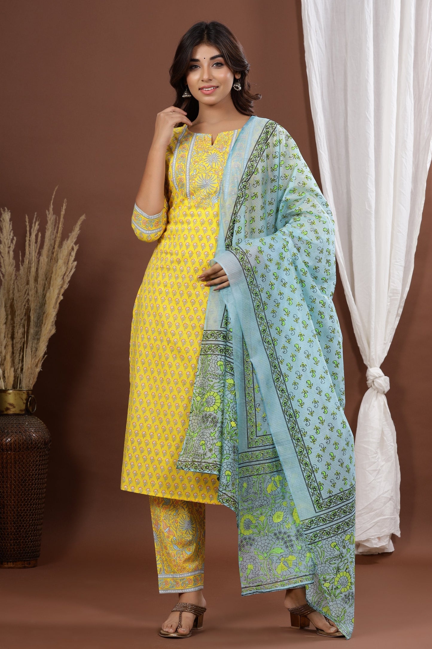 Women's Yellow Printed Kurta Set