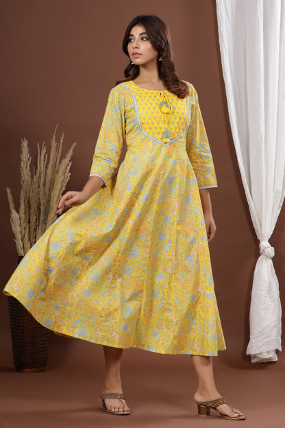 Women's Yellow A-Line Printed Kurta