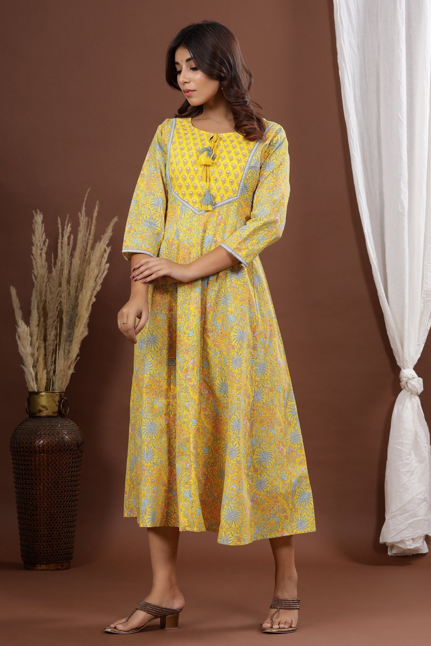Women's Yellow A-Line Printed Kurta