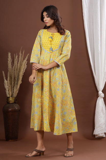 Women's Yellow A-Line Printed Kurta