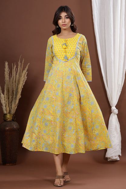 Women's Yellow A-Line Printed Kurta