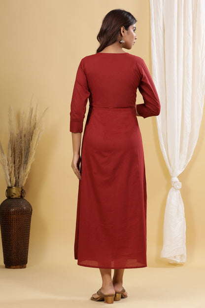Women's Maroon Solid Embroidered Dress