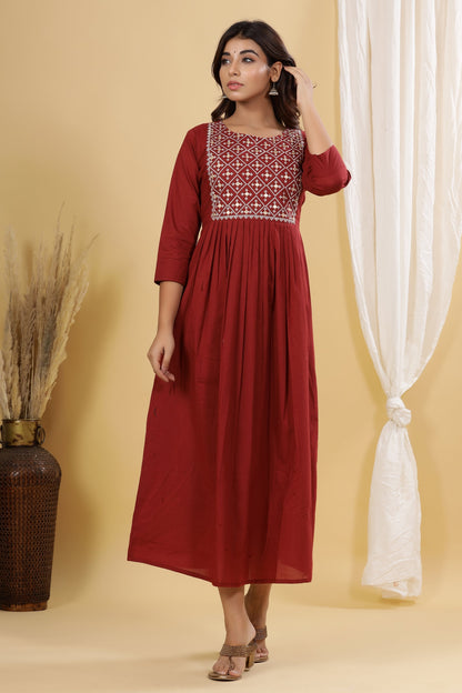 Women's Maroon Solid Embroidered Dress