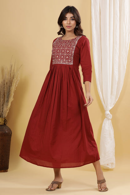 Women's Maroon Solid Embroidered Dress