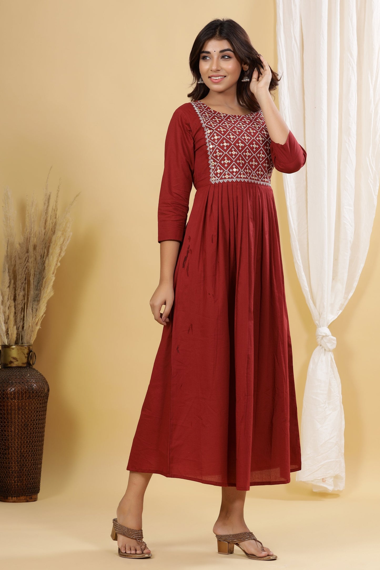 Women's Maroon Solid Embroidered Dress