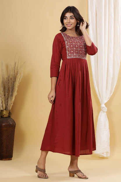 Women's Maroon Solid Embroidered Dress