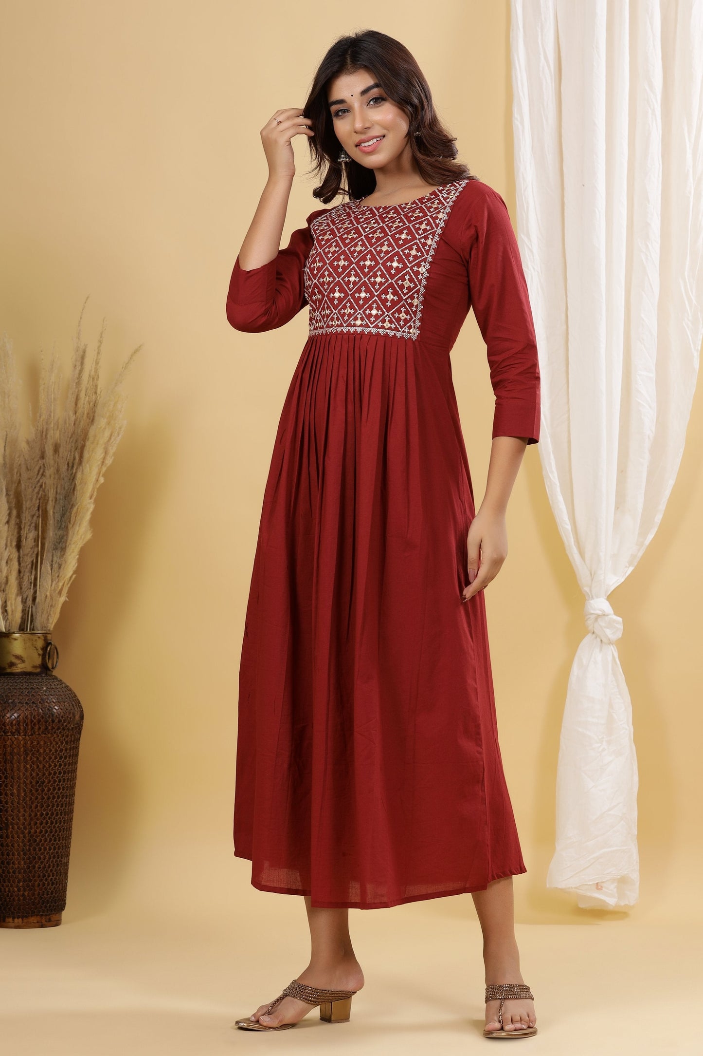 Women's Maroon Solid Embroidered Dress