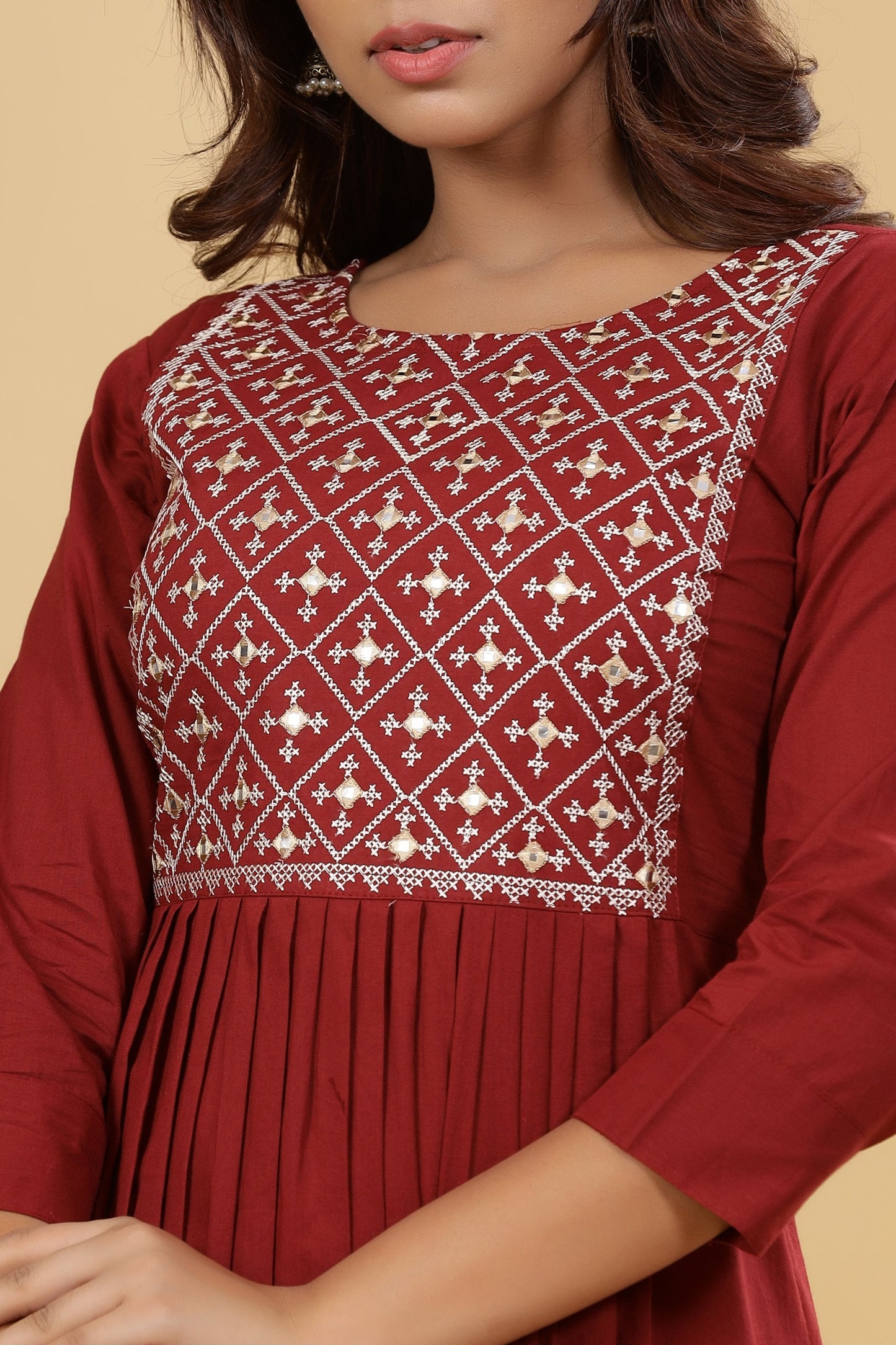 Women's Maroon Solid Embroidered Dress