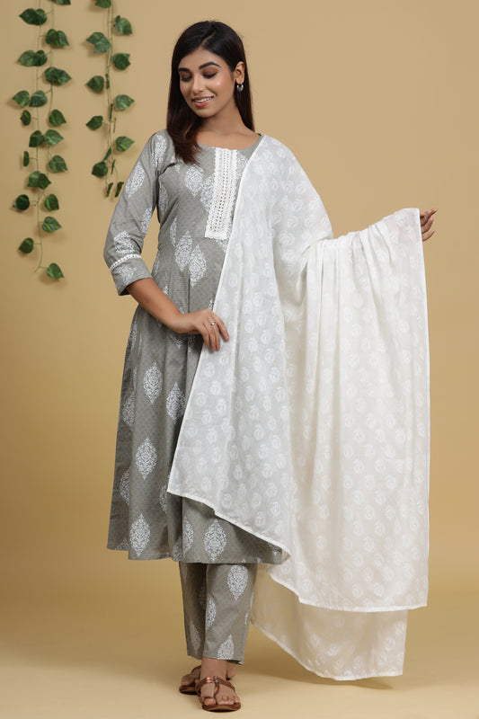 Women's Grey Printed Kurta Set
