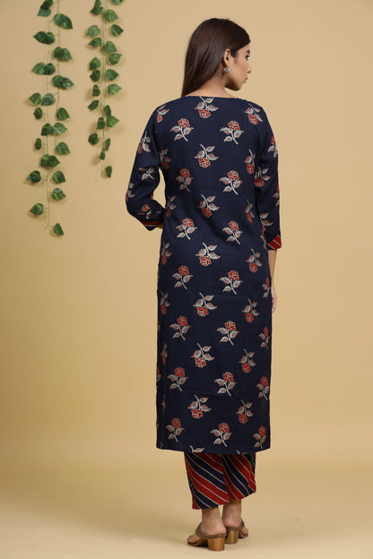 Women's Navy Blue Printed Kurta Set