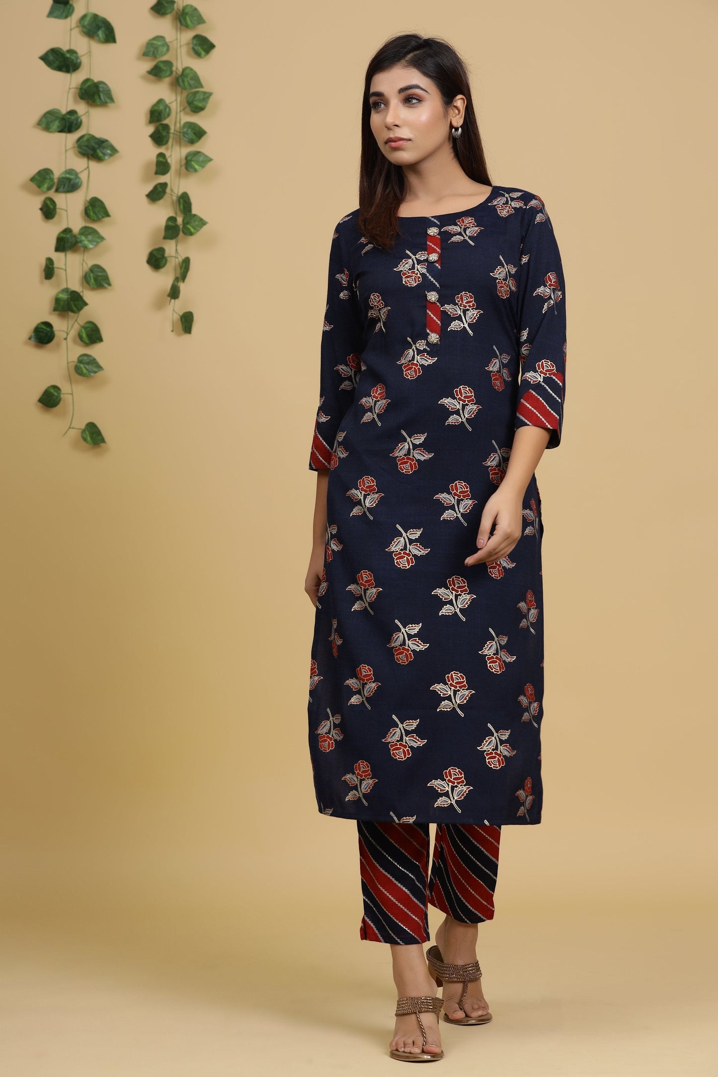Women's Navy Blue Printed Kurta Set