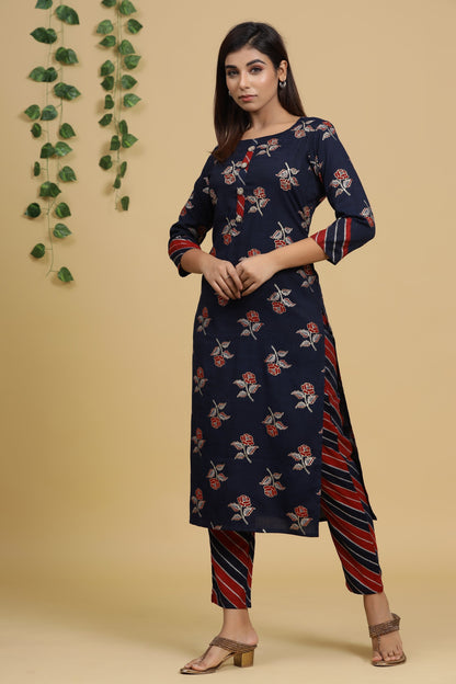 Women's Navy Blue Printed Kurta Set