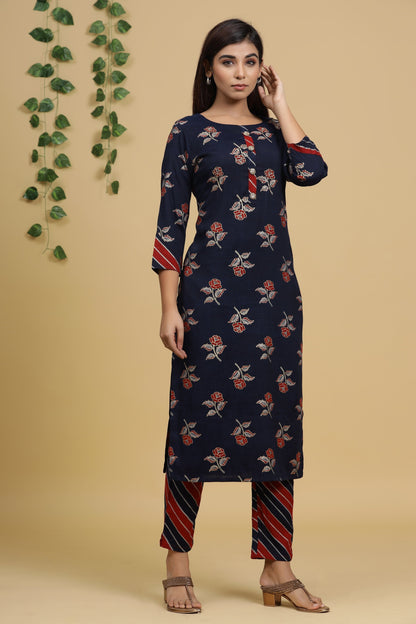 Women's Navy Blue Printed Kurta Set