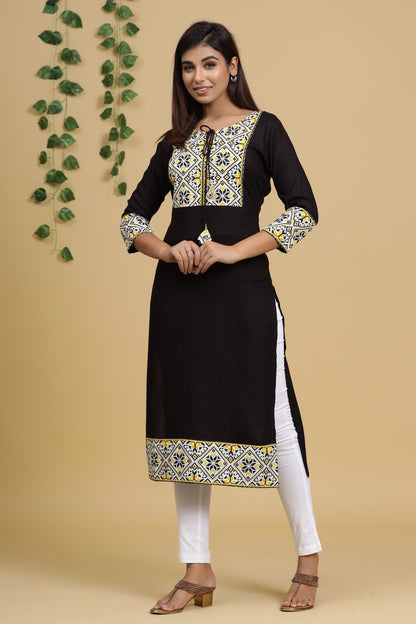 Women's Black Solid Printed Kurta