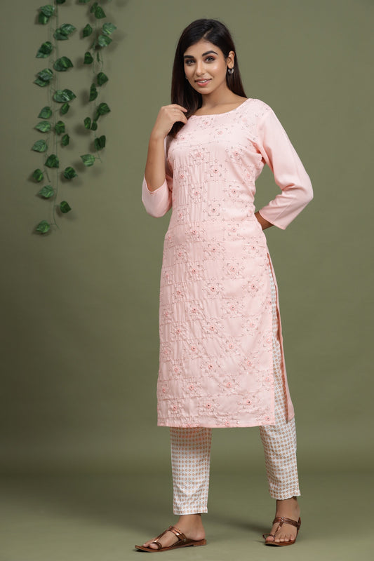 Women's Peach Embroidered Kurta Set