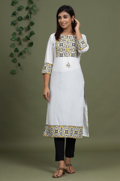 Women's White Solid Printed Kurta