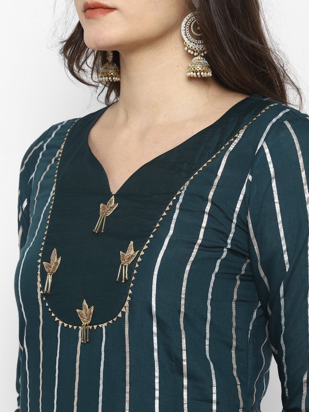Women's Green Color Chanderi Silk Embroidered Straight Kurta Palazzo With Dupatta