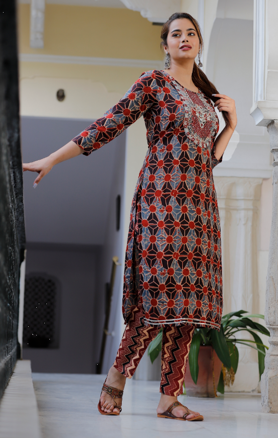 Women's rayon embroidered printed straight kurta with pant set