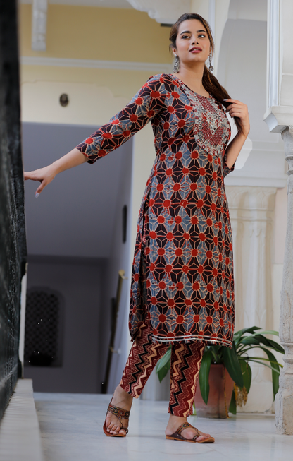 Women's rayon embroidered printed straight kurta with pant set