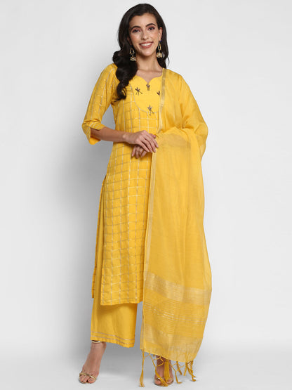 Women's Yellow Color Chanderi Silk Embroidered Straight Kurta Palazzo With Dupatta