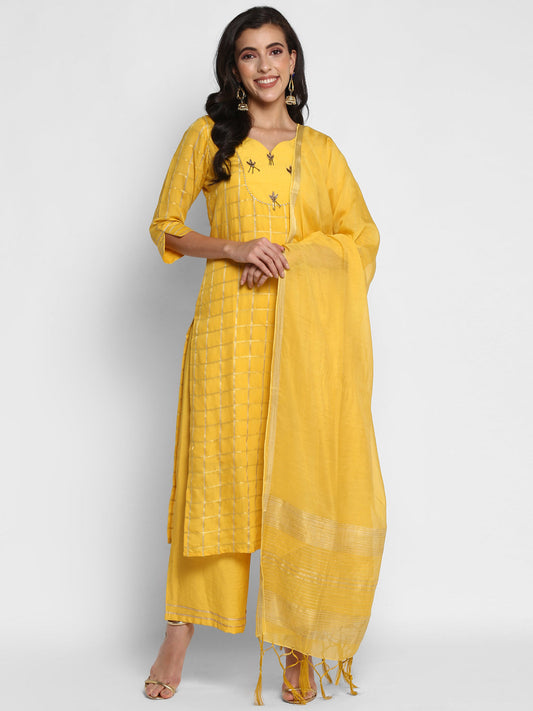 Women's Yellow Color Chanderi Silk Embroidered Straight Kurta Palazzo With Dupatta