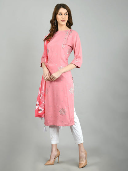 Women's Pink Cotton Printed 3/4 Sleeve Round Neck Casual Kurta Dupatta Set