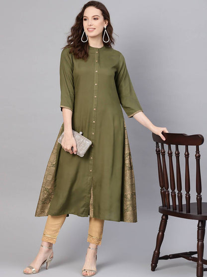Women's Olive Rayon Printed A-Line Kurta