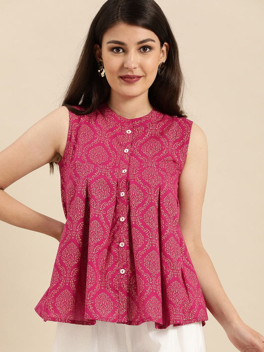 Women's Magenta Pink & Gold-Toned Printed Tunic