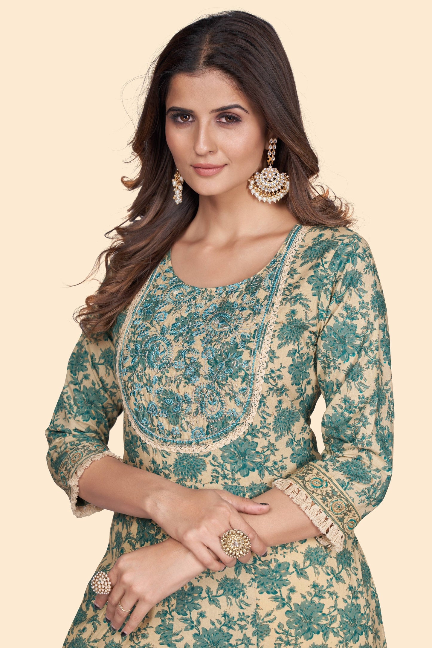 Women's Print & Embroidered A-Line Cotton Turquoise Stitched Kurta