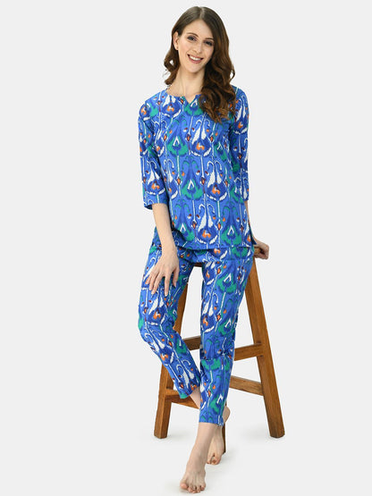 Women's Blue Cotton Printed Half Sleeve V Neck Casual Night Suit