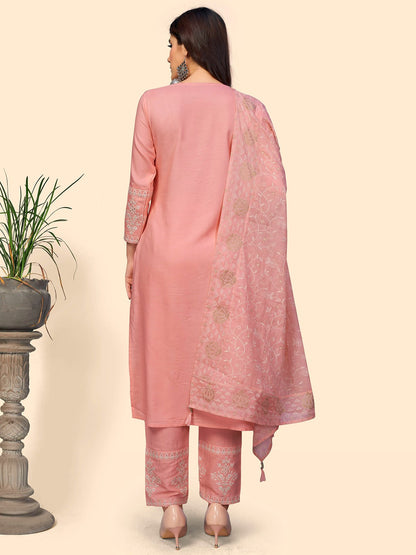 Women's Embroidered Straight Rayon Light Pink Stitched Kurta Pant With Dupatta