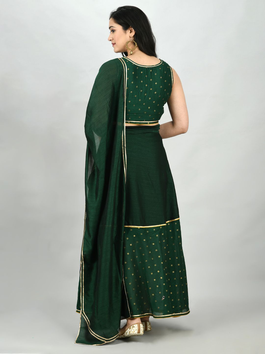 Green Georgette Printed Sleeveless Round Neck Casual Blouse Lehenga Dupatta Set