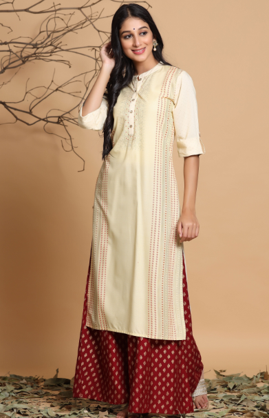 Women's Ivory Rayon Printed Straight Kurta With Mask