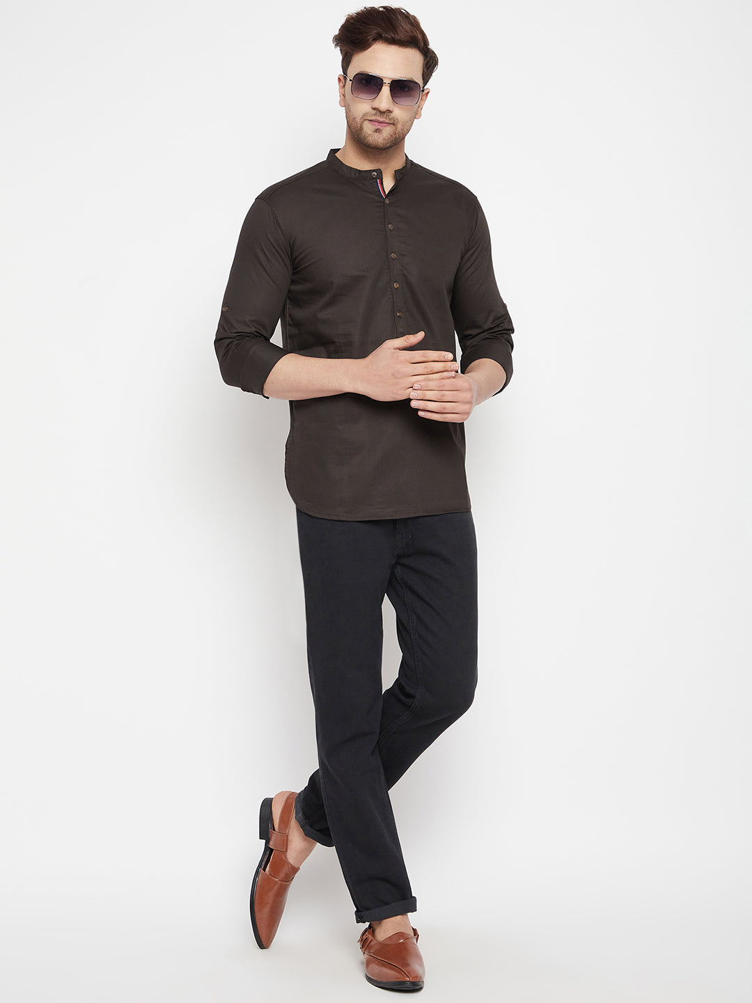 Men's Brown Color Long Kurta with Band Collar
