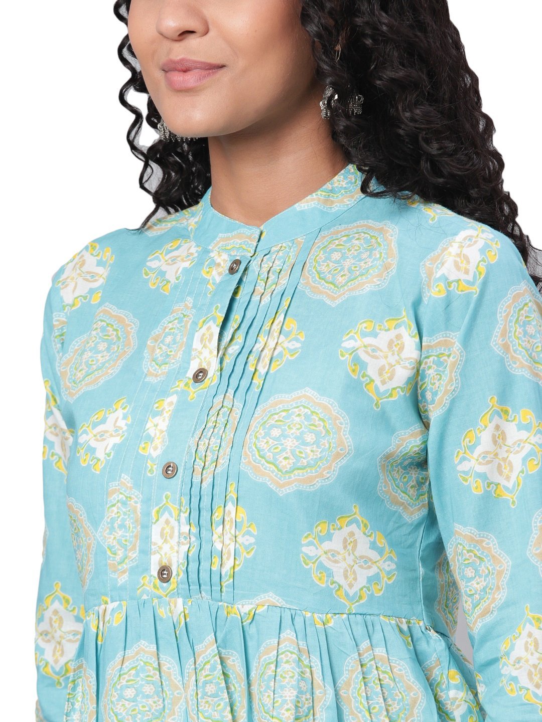 Women's Green Printed 3/4 Sleeve Coller Neck Cotton Casual Top