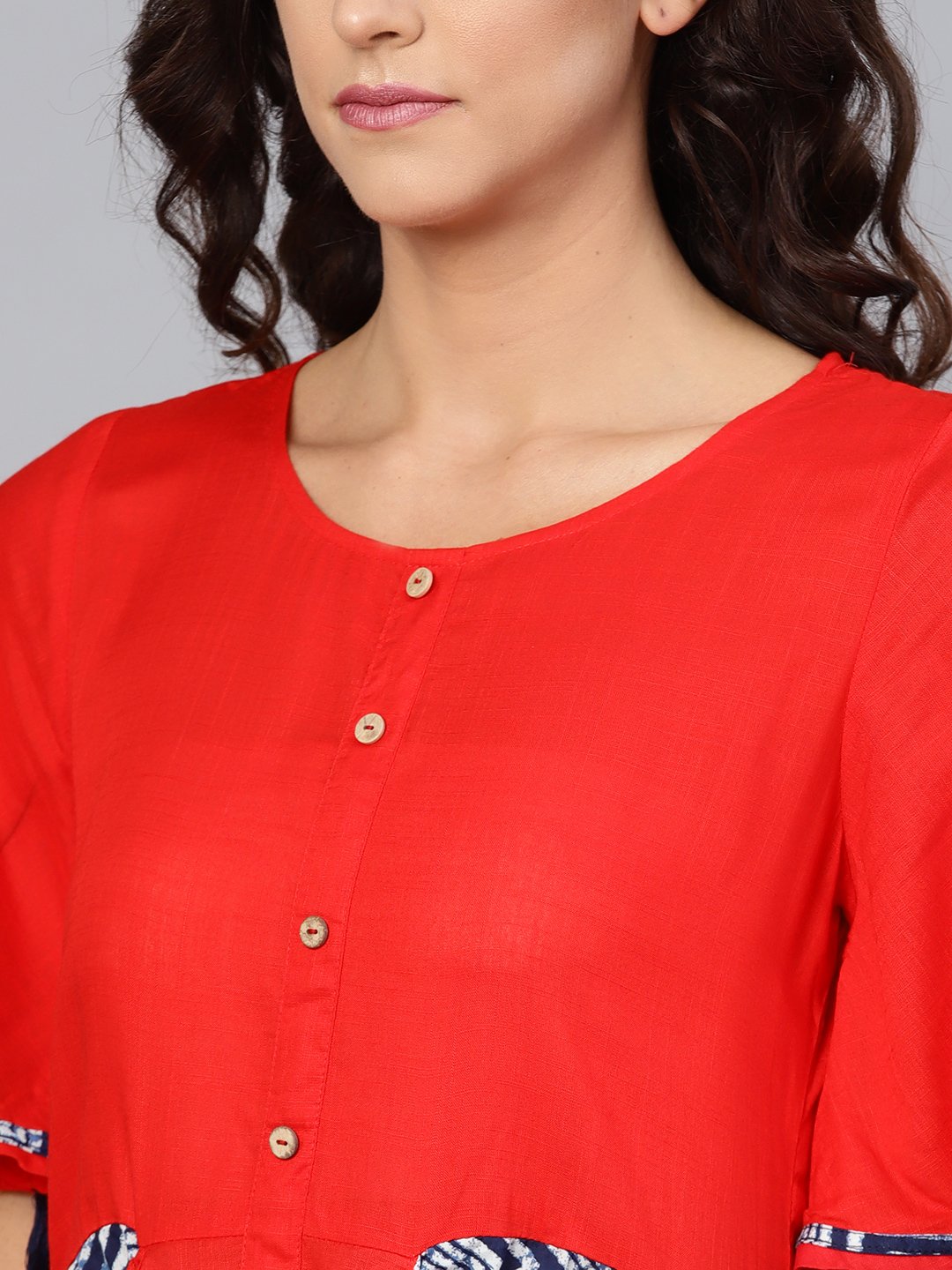 Women's Red Cotton Solid Ballon Sleeve Round Neck Dress