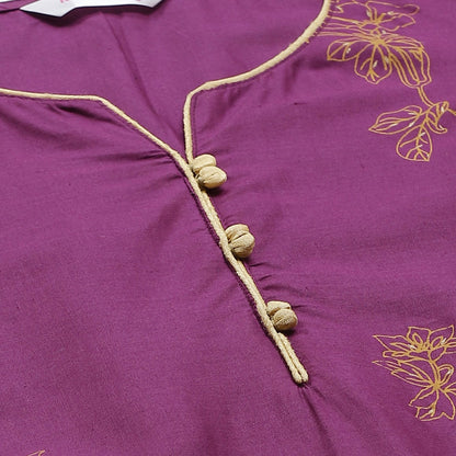 Women's Purple Cotton Printed 3/4 Sleeve Round Neck Casual Kurta Only