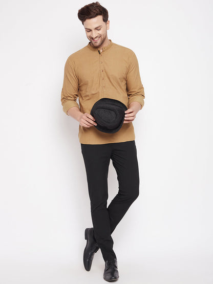 Men's Beige Color Short Kurta with Band Collar
