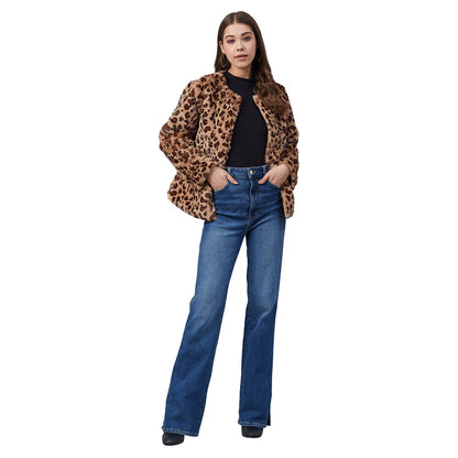 Women's Animal Print Faux Fur Open Jacket